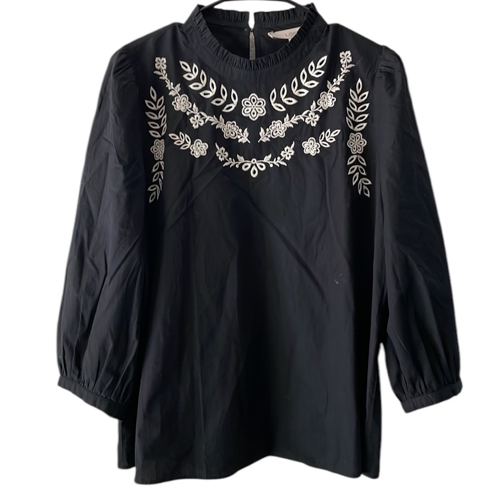 Loft eyelet ruffle neck women’s black & white embroidered blouse